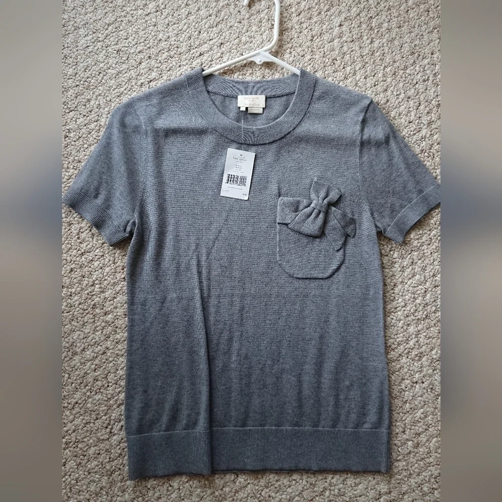 Kate Spade gray Bow detailed pocket silk and cotton Knit top size S
